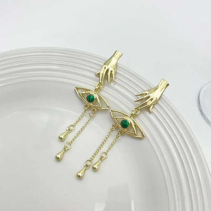 Retro Exaggerated Finger Turquoise Eyes Tassel Earrings - Viexta