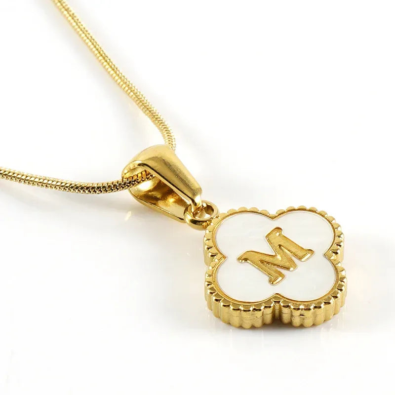 Stainless Steel Clover Shell Letter Pendant with Chain - Viexta