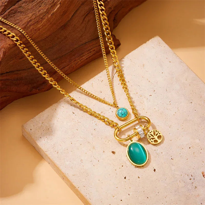 Double-layer Stainless Steel Turquoise Necklace - Viexta
