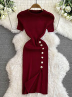 Solid Color Round Neck Knitted Slit Sheath Dress - Viexta
