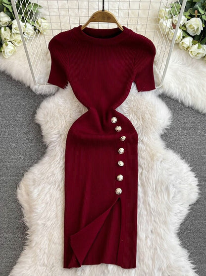 Solid Color Round Neck Knitted Slit Sheath Dress