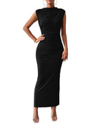 Sleeveless Round Neck Pleated Slit Hemline Dress - Viexta