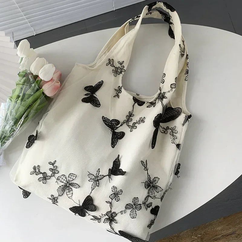 Embroidered Black Butterfly Canvas Bag - Viexta