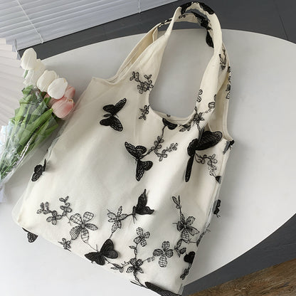 Embroidered Black Butterfly Canvas Bag