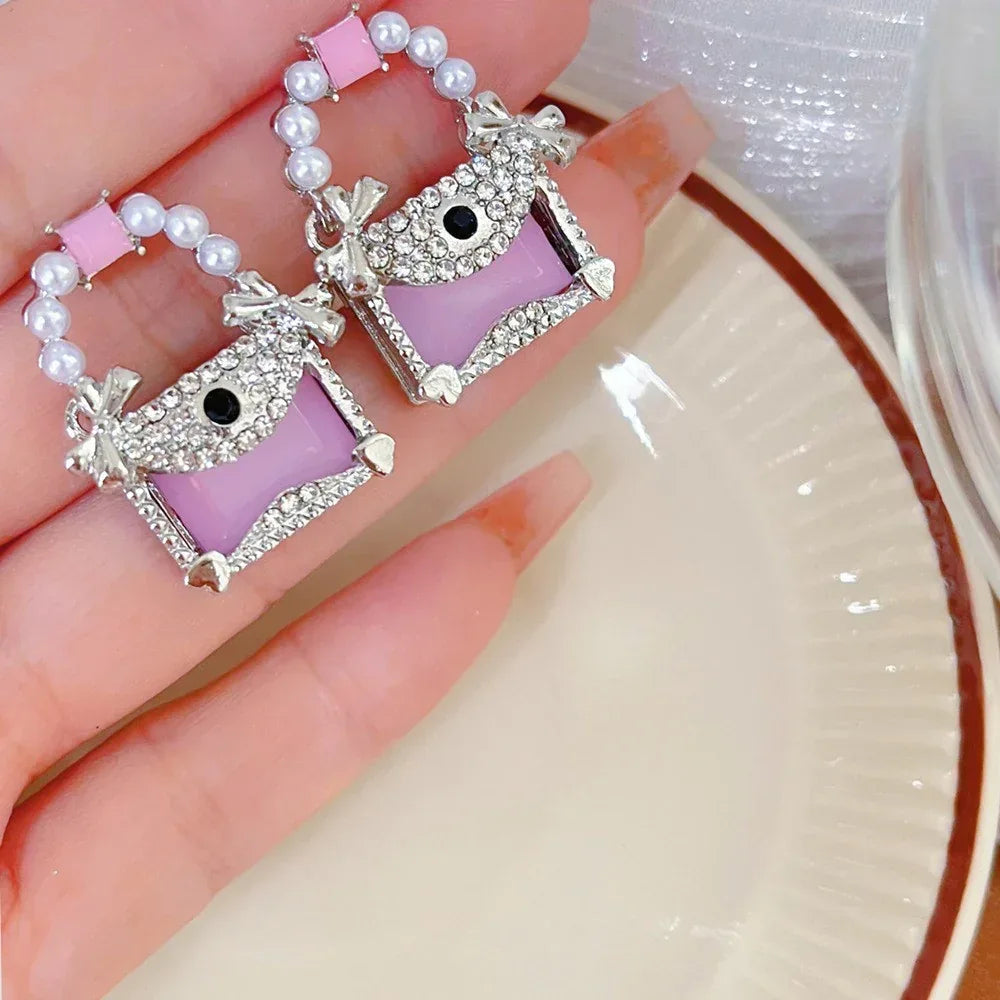 Jelly Square Crystal Bow Silver Stud Earrings - Viexta