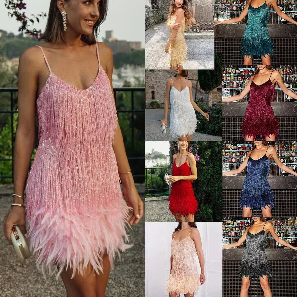 V-neck Strap Feather Stitching Dress - Viexta