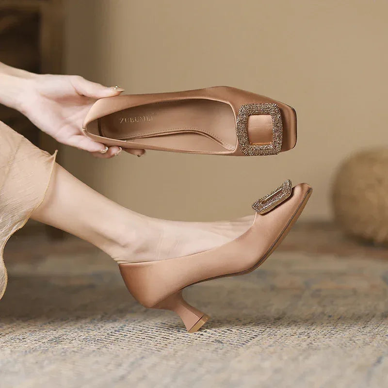 Square Toe Satin Surface High Heels - Viexta