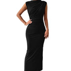 Sleeveless Round Neck Pleated Slit Hemline Dress - Viexta