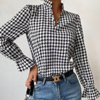 Houndstooth V-neck Long Sleeve Top - Viexta