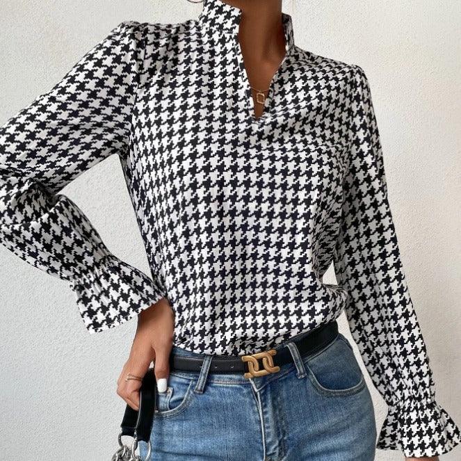 Houndstooth V-neck Long Sleeve Top - Viexta