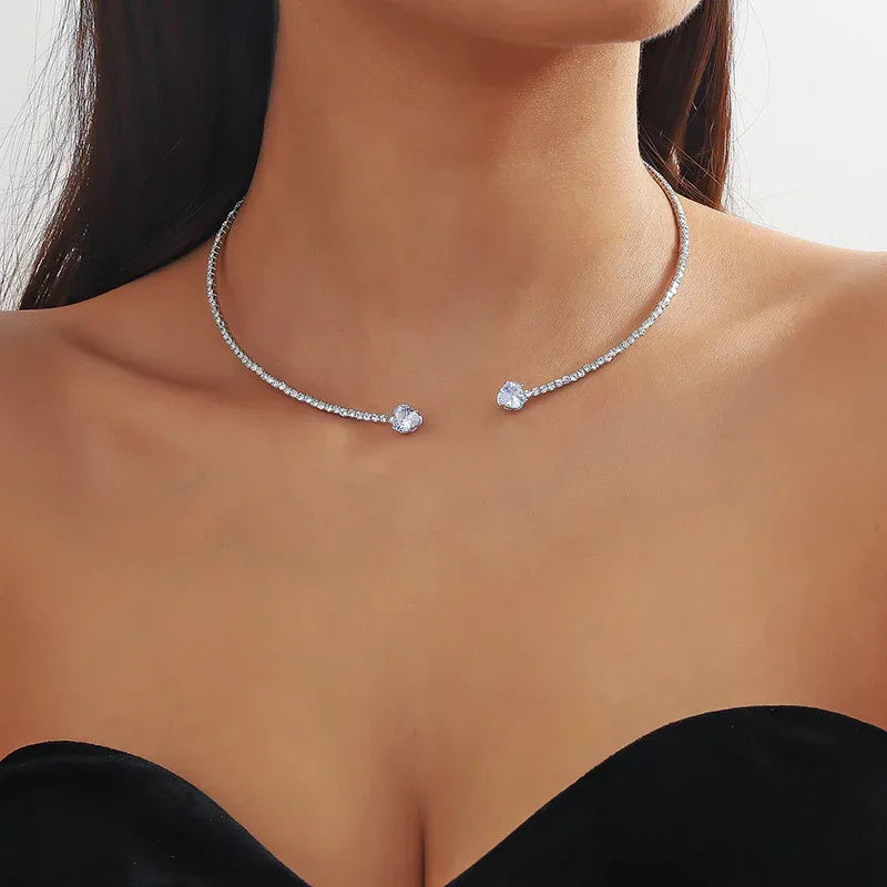 Rhinestone Heart Collar Choker Necklace - Viexta