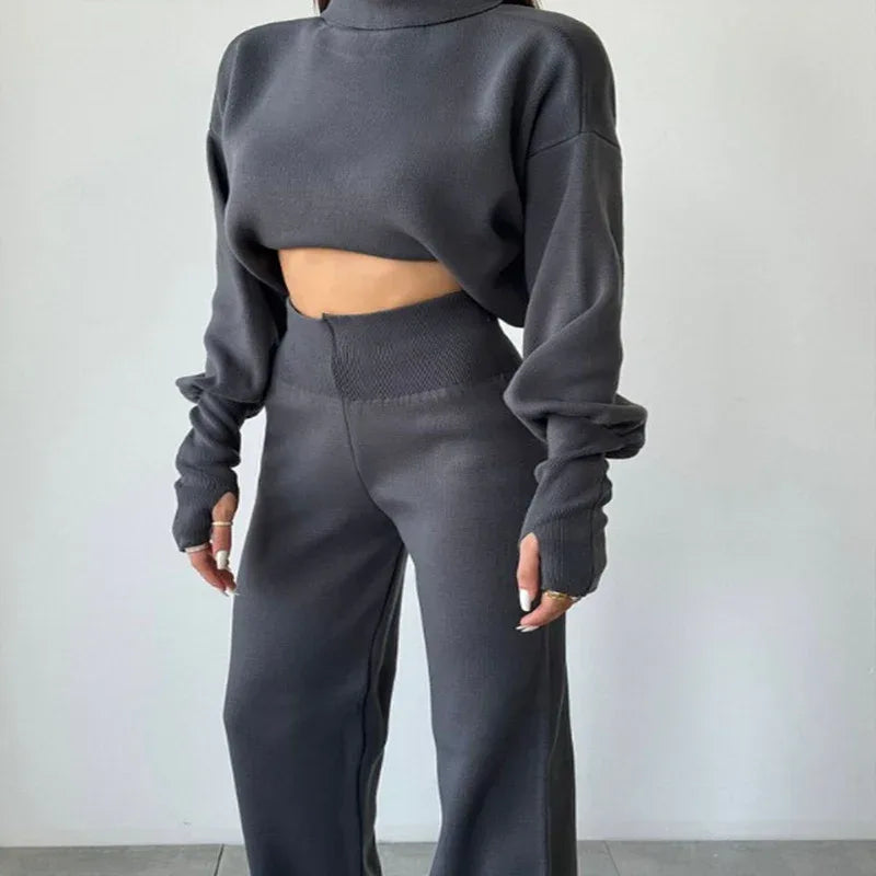 Autumn And Winter New European And American Turtleneck Loose Long Sleeve Top Female Casual Fashion Set - Viexta