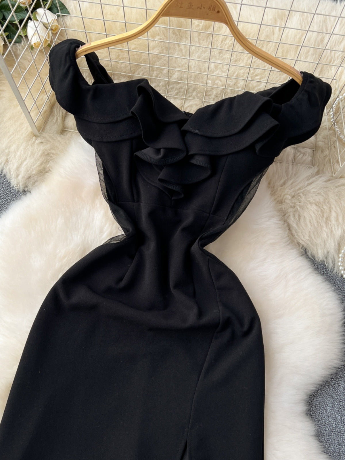 Ruffled Patchwork Waist-slimming High Slit Cocktail Dress