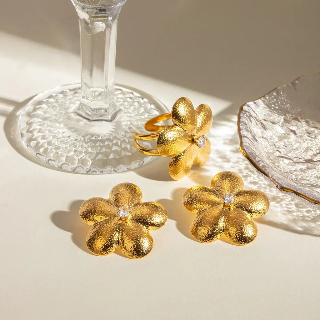 18K Stainless Steel Brushed Flower Rhinestone Earrings - Viexta