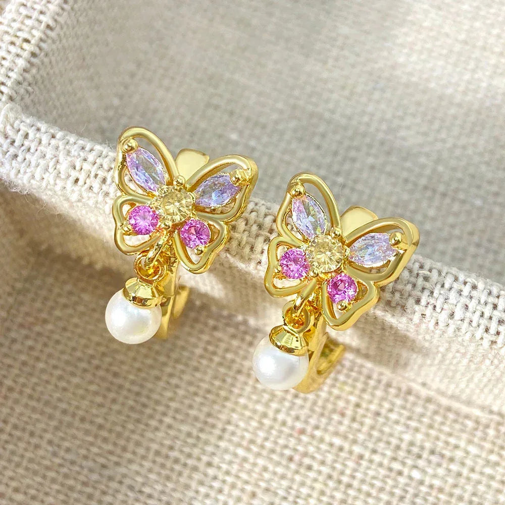 Butterfly Color Zircon Pearl Earrings - Viexta