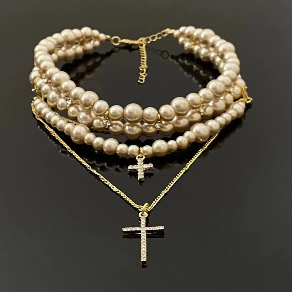 Women's Multi-layer Pearl Cross Necklace - Viexta