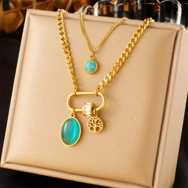 Double-layer Stainless Steel Turquoise Necklace - Viexta