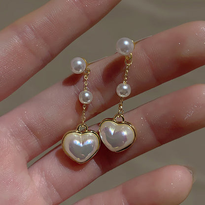 Silver Pearl Heart Tassel Earrings