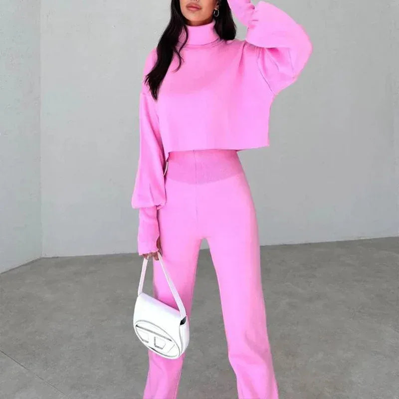 Autumn And Winter New European And American Turtleneck Loose Long Sleeve Top Female Casual Fashion Set - Viexta