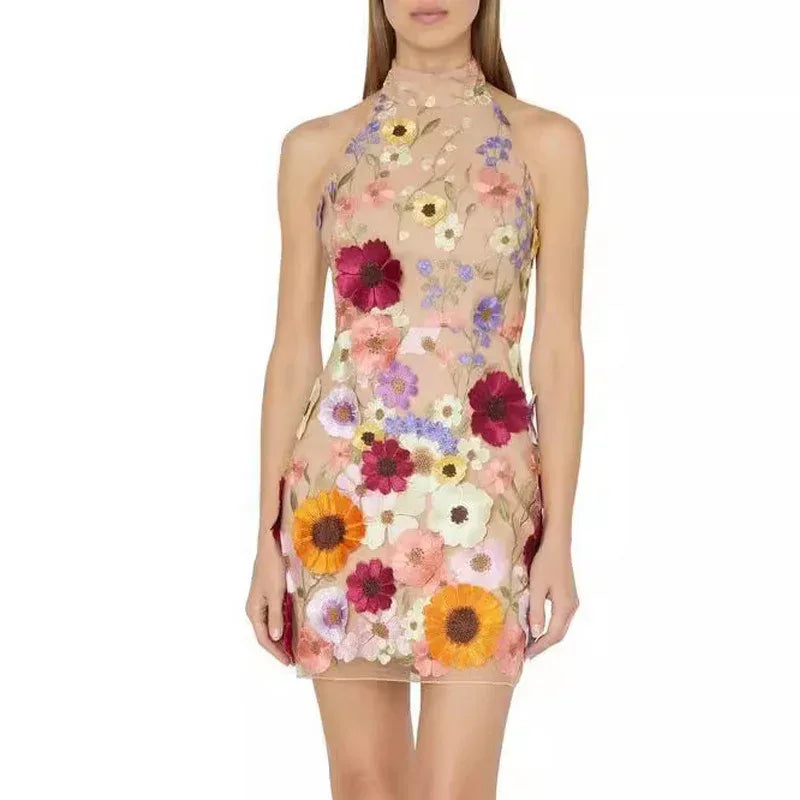 Embroidery Three-dimensional Flower Slim Fit Dress - Viexta