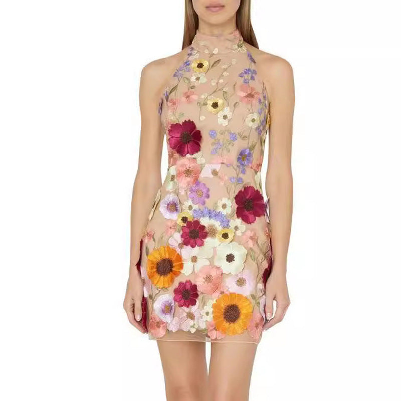 Embroidery Three-dimensional Flower Slim Fit Dress