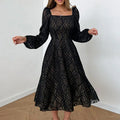 Hollow-out Micro-transparent Jacquard Long Sleeves Dress - Viexta