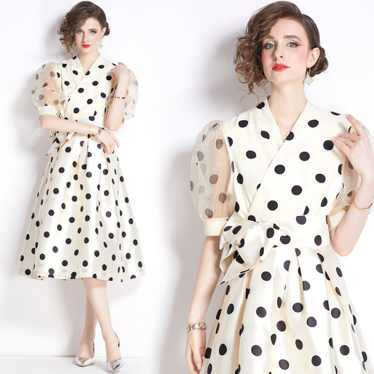 French Fitted Waist Polka Dots Dress