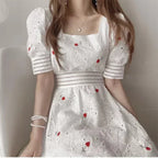 French Salt Square Collar Embroidery Floral Mid-length Dress - Viexta