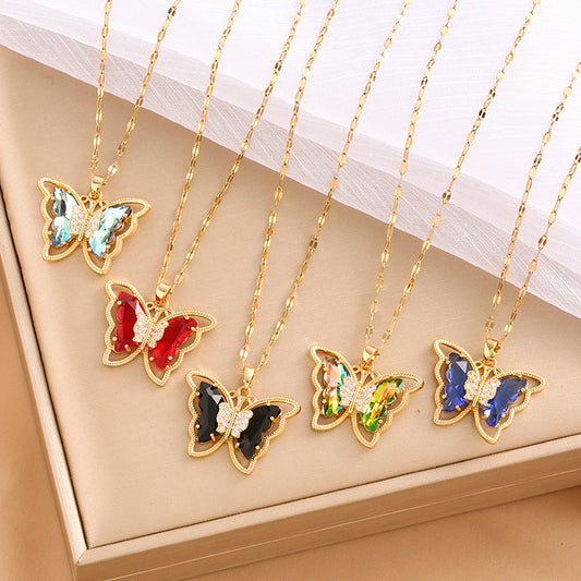 Crystal Butterfly Titanium Steel Necklace