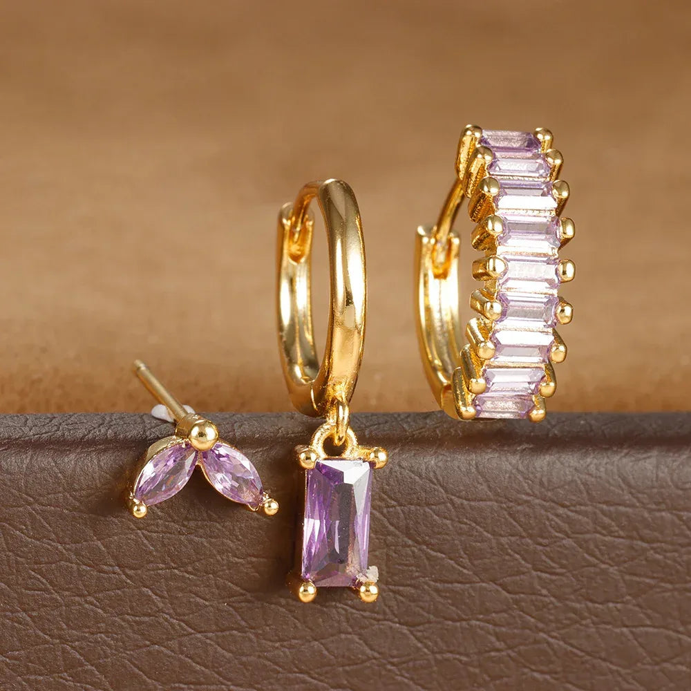 3 piece set Rectangular Zircon Earrings - Viexta