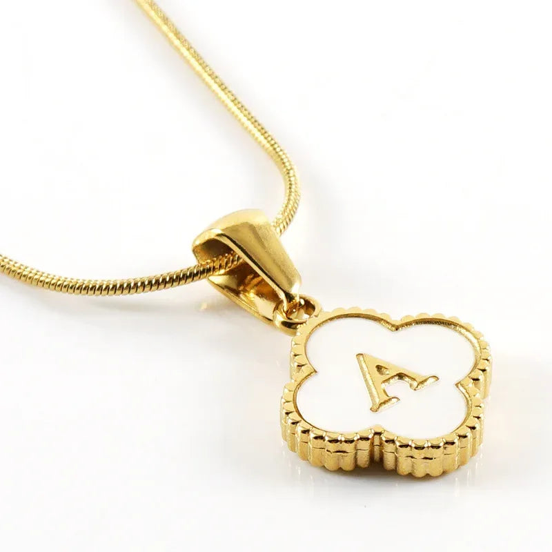 Stainless Steel Clover Shell Letter Pendant with Chain - Viexta