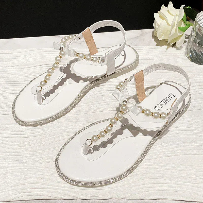 Rhinestone Flat Sandals With Pearl Toe - Viexta