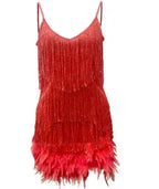 V-neck Strap Feather Stitching Dress - Viexta