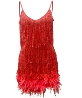V-neck Strap Feather Stitching Dress - Viexta