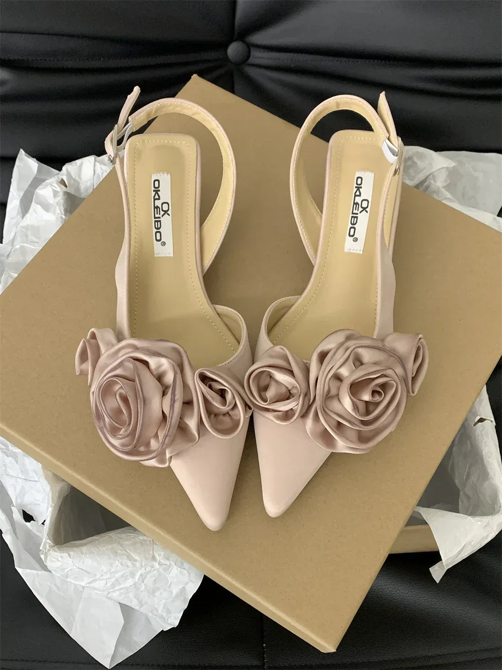Flower Black Closed Toe Fairy Heels - Viexta