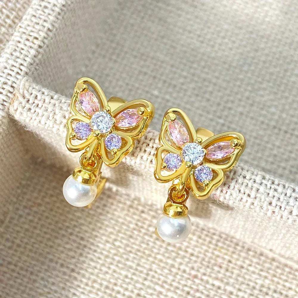 Butterfly Color Zircon Pearl Earrings - Viexta