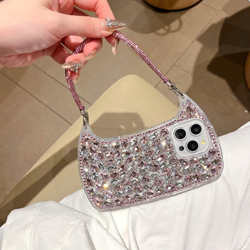 Three-dimensional Glass Rhinestone Small Handbag iPhone Cover - Viexta