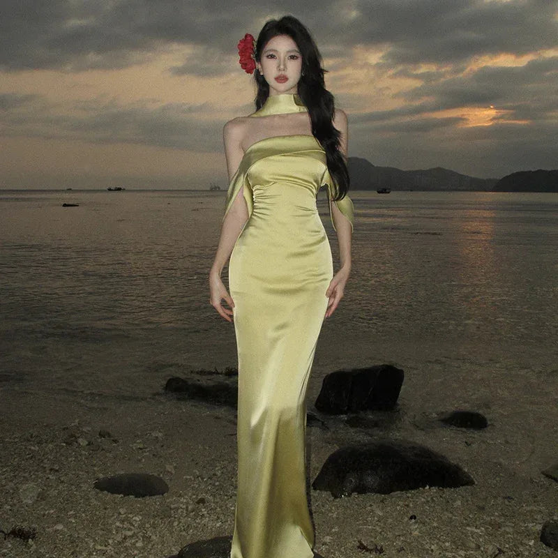 Acetate Satin Yellow Tube Dress withScarf - Viexta