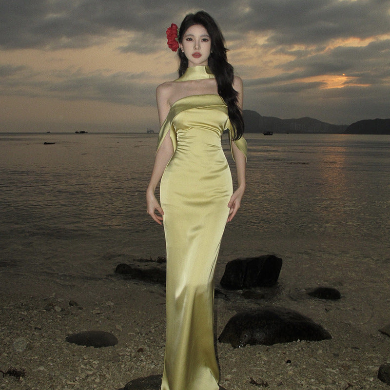 Acetate Satin Yellow Tube Dress withScarf