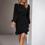 Women's Puff Long Sleeve Fashion Graceful Solid Color Slim Hip-covering Short Dress Womens Clothing - Viexta