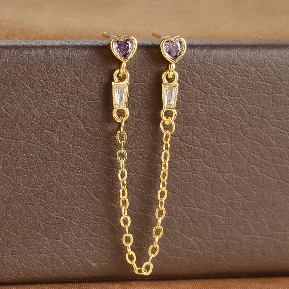 Diamond-embedded Heart Tassel Ear Ring - Viexta