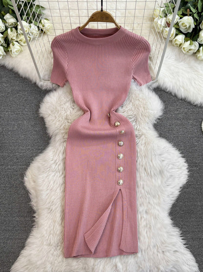 Solid Color Round Neck Knitted Slit Sheath Dress