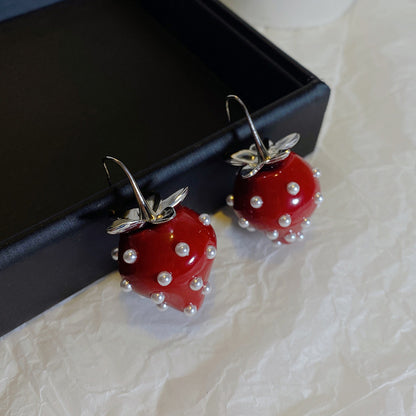 Small Tea Red Strawberry Pearl Resin Earrings