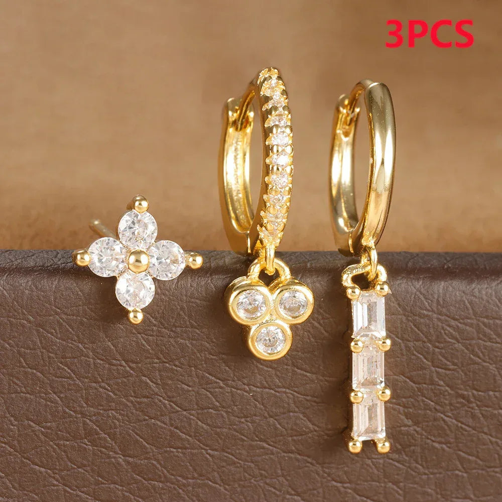 3piece Luxury Flowers Zircon Plated Studs - Viexta