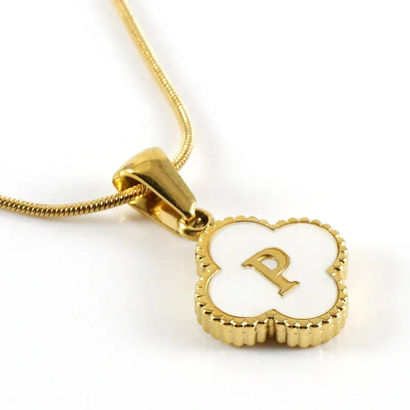 Stainless Steel Clover Shell Letter Pendant with Chain - Viexta