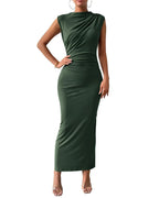 Sleeveless Round Neck Pleated Slit Hemline Dress - Viexta