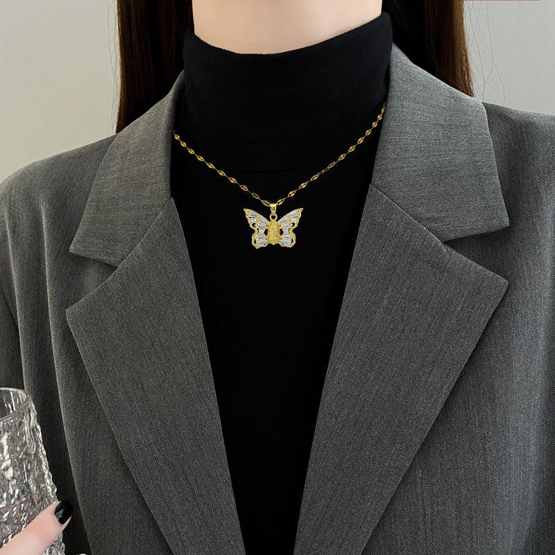 Titanium Steel Micro-inlaid Butterfly Zircon Necklace