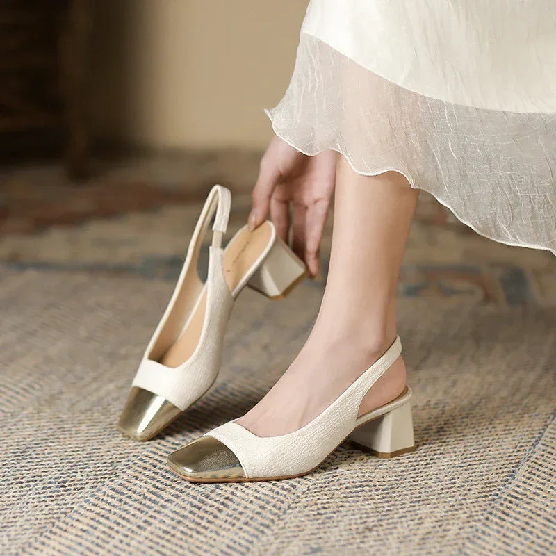 Chunky French Gold Tone Heels - Viexta