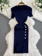 Solid Color Round Neck Knitted Slit Sheath Dress - Viexta