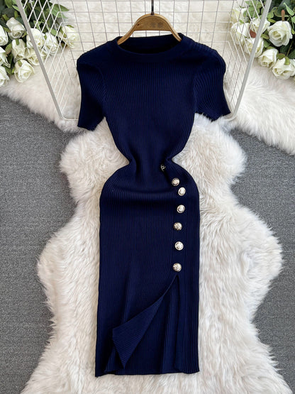 Solid Color Round Neck Knitted Slit Sheath Dress